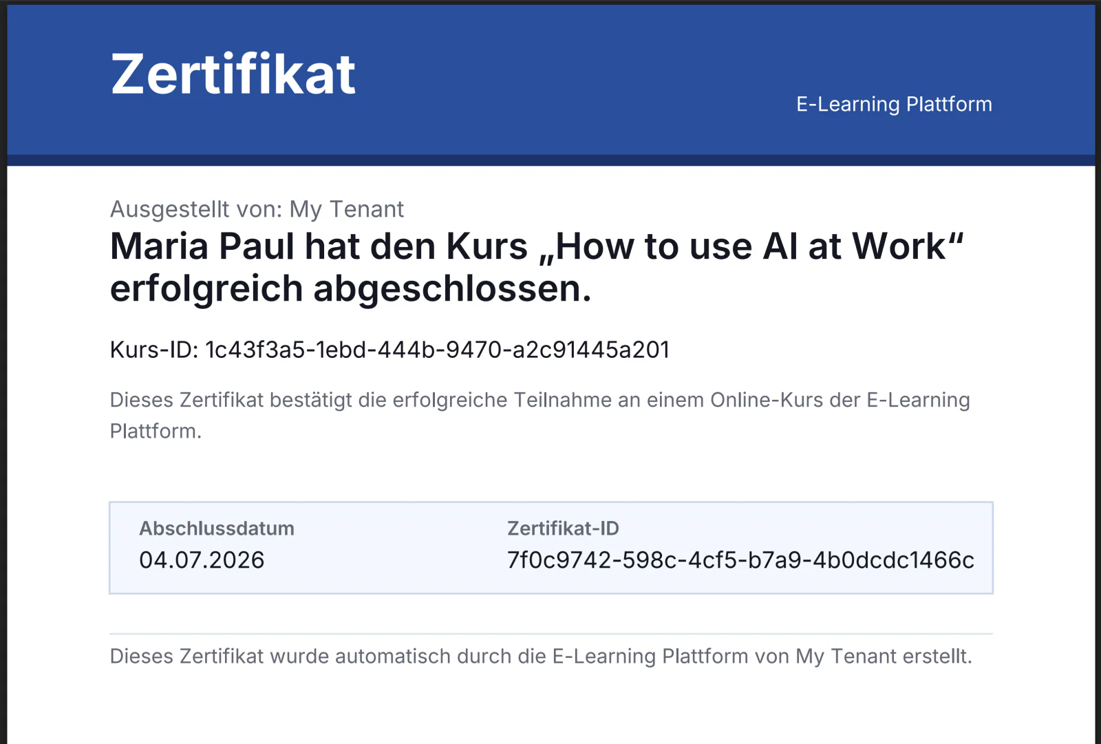 A PDF completion certificate generated by ELP