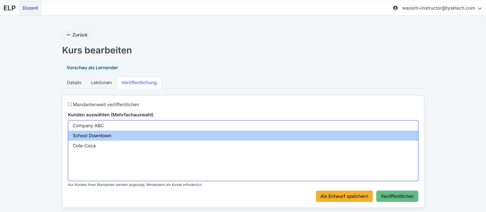 Publishing a course and assigning it to specific customers
